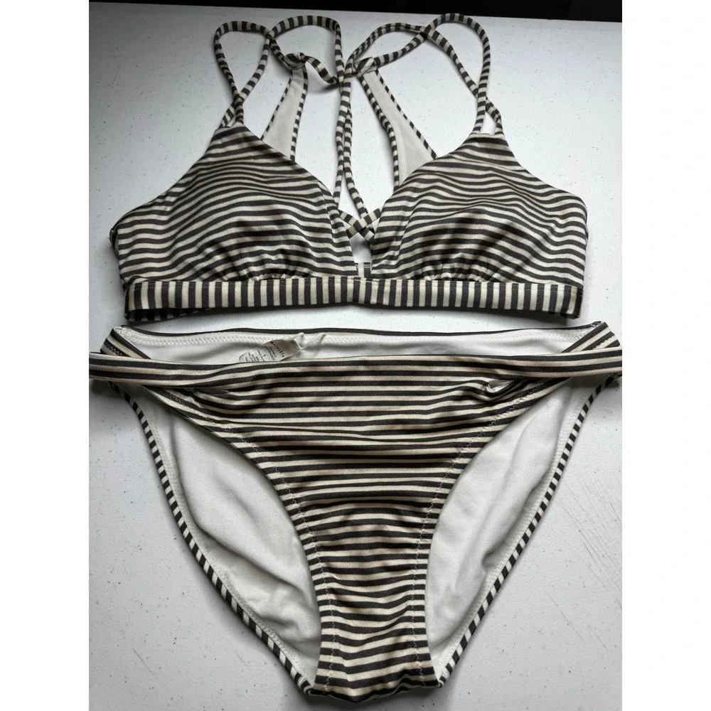 Athleta Striped Bikini Set XS Top S Bottom Strappy Back Brown Tan Swimsuit